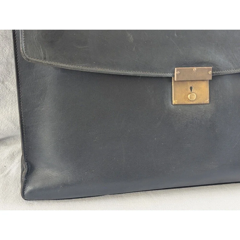 Vintage Gucci Black Leather Briefcase Satchel Attache Push Lock Made in Italy